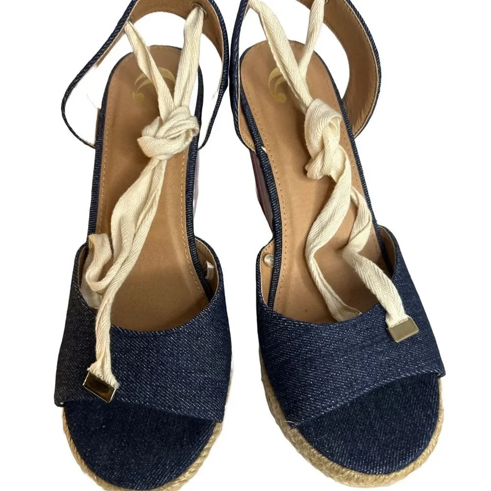 Charming Charlie Denim Espadrille Red/Blue/white Striped Wedge Sandals Size 9